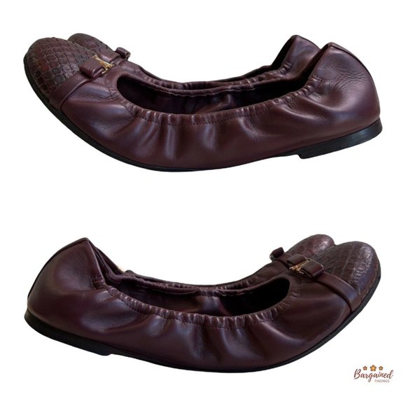 Authentic Louis Vuitton Maroon Leather Reptile Toe Bow Scrunch Ballet Flats 8 - Picture 5 of 13
